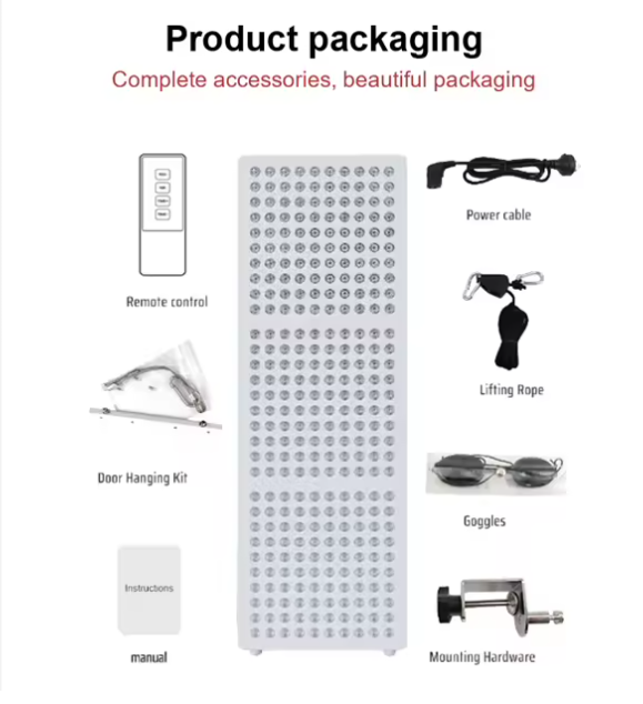 Product packaging with complete accessories including a remote control, power cable, lifting rope, goggles, and mounting hardware.
