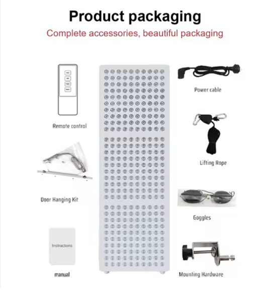Product packaging with complete accessories including a remote control, power cable, lifting rope, goggles, and mounting hardware.
