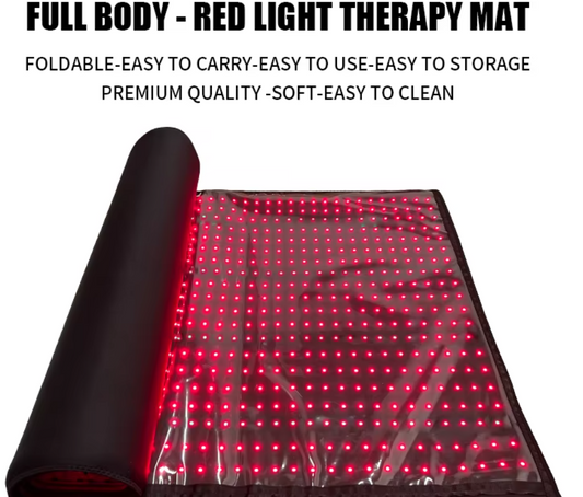Red light therapy mat with text highlighting features on a white background