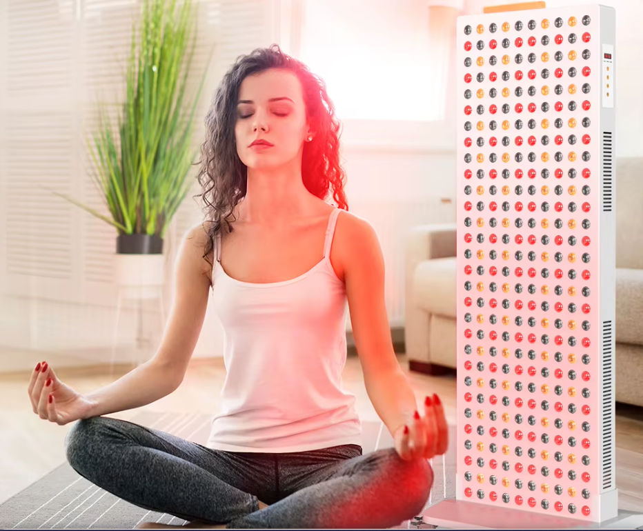 Woman meditating in a room with a Red Light by DEXA Plus Vita Lite 300 Panel