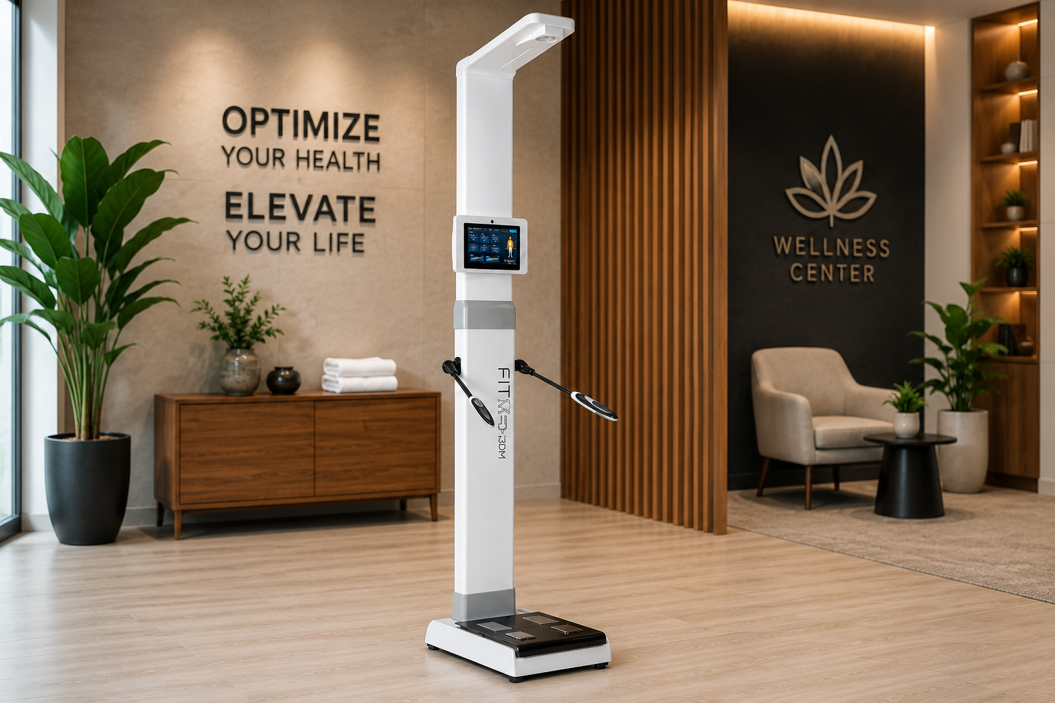 A modern white and black body composition scale with a digital screen and dual arm sensors stands in a wellness center lobby. The background features a wooden slat wall, a dark accent wall with 'Wellness Center' and a leaf logo, a beige armchair, and a wooden cabinet with the text 'Optimize Your Health Elevate Your Life'.