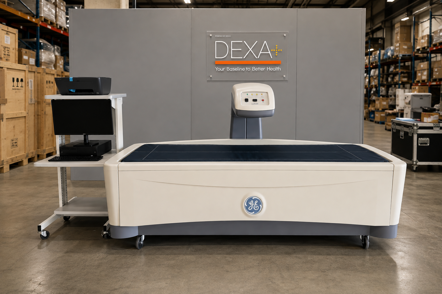 A GE DEXA+ medical imaging machine in a warehouse setting, featuring a cream-colored body, a dark blue treatment bed, and a gray backdrop with the DEXA+ logo.