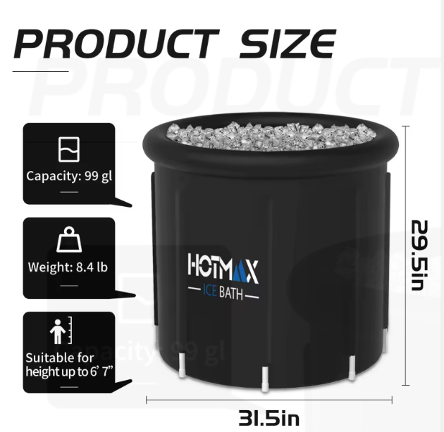 DEXA Plus ice bath with product size details on a white background