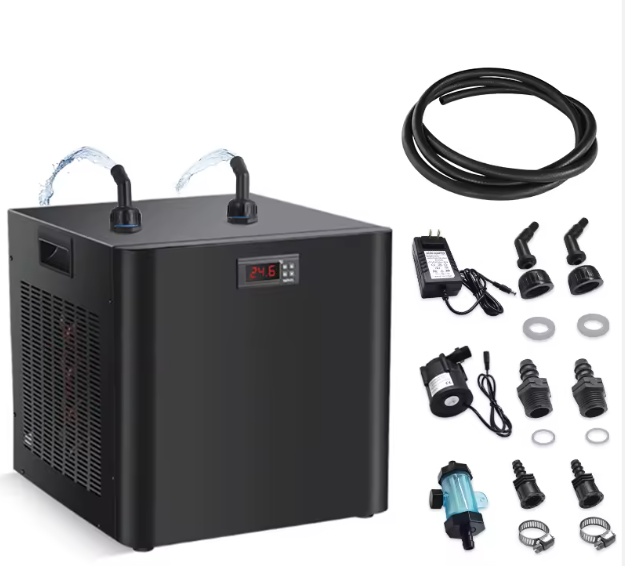 Black water cooling system with accessories on a white background