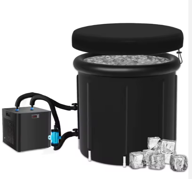 Black inflatable cooler with a pump and ice cubes on a white background