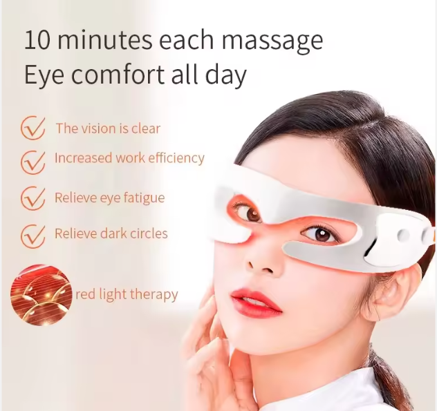 Person wearing an eye mask with text about eye comfort and red light therapy.