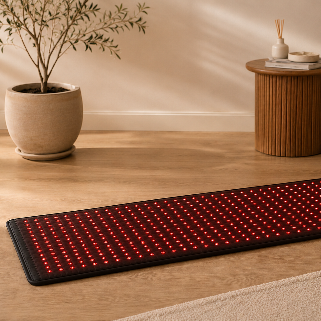 LED mat with red lights on a wooden floor next to a plant and small table.