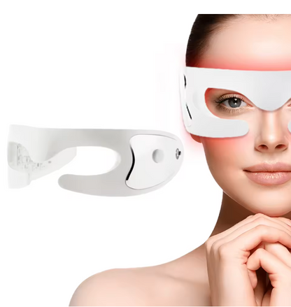 Woman wearing a white LED face mask with visible red light, next to the mask on a white background.