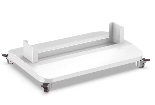 White metal stand with wheels on a white background