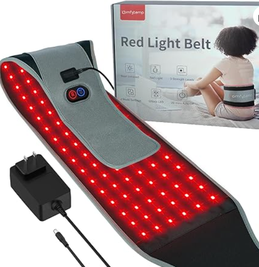 Red light belt with power adapter and packaging on a white background