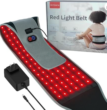 Red light belt with power adapter and packaging on a white background