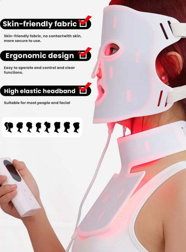 Person wearing a white facial device with red lights and control panel, text highlighting features.