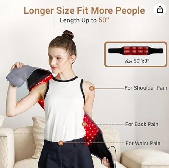 Person using a long, red light therapy device on their back with text about size and pain relief.
