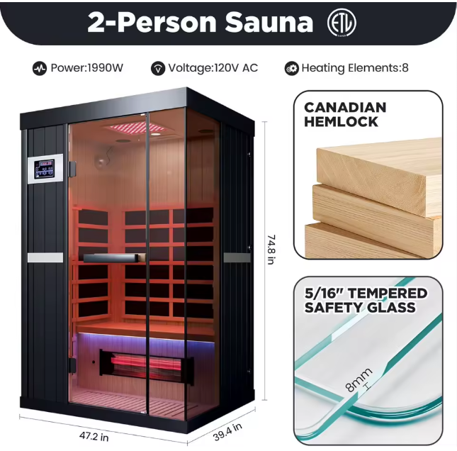 2-Person Infrared Sauna with Red Light Therapy Dual LED Panels 8 Heaters