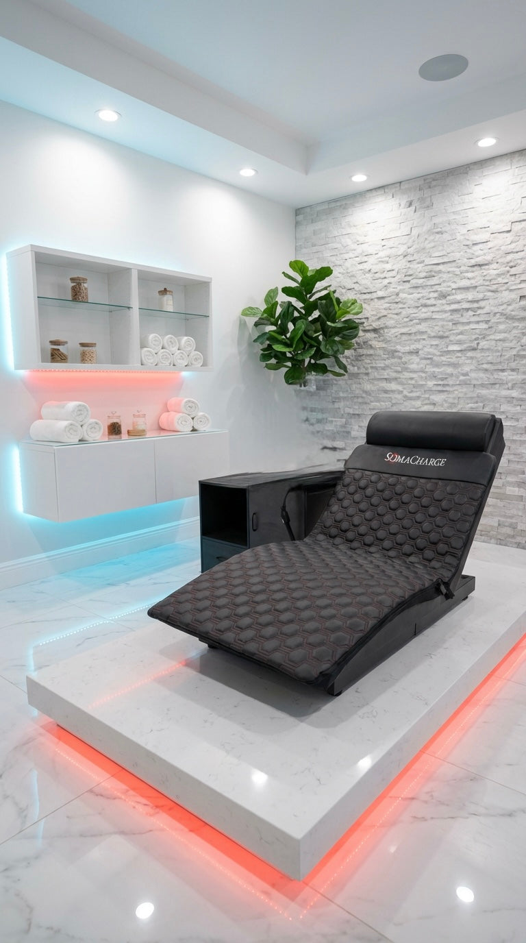Black PEMF comfort chair in a lounge setting with red and blue lights