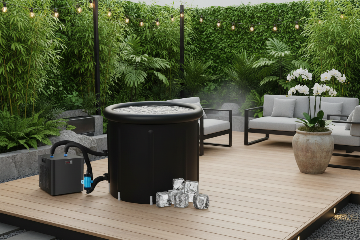 Cold plunge tub with backyard background