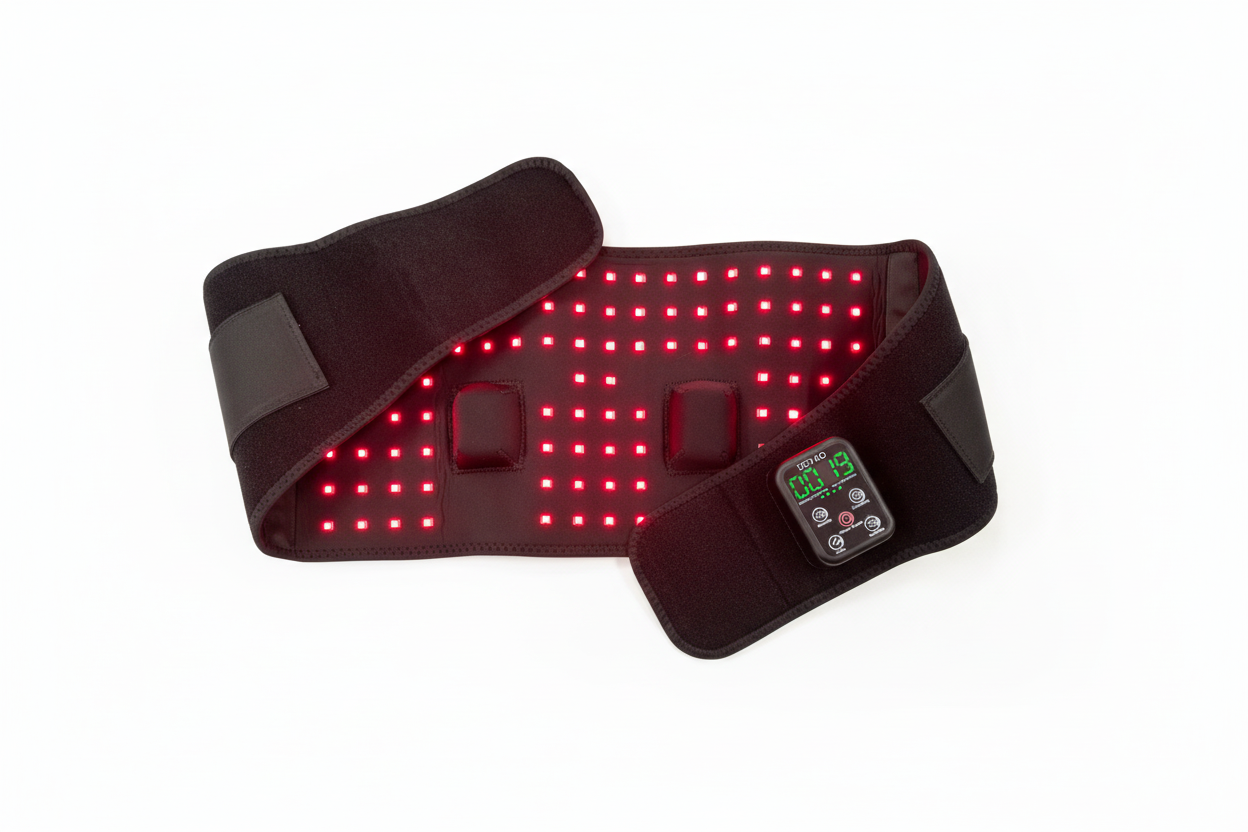 Black belt with red LED lights and digital display on a white background