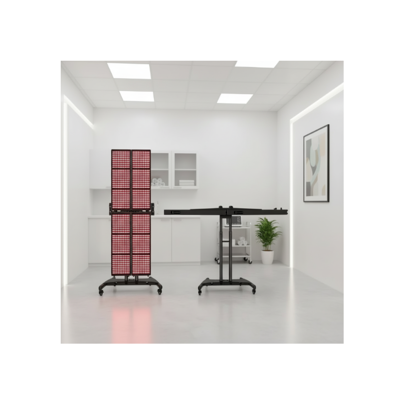 Modern office space with a red LED panel and a standing desk.
